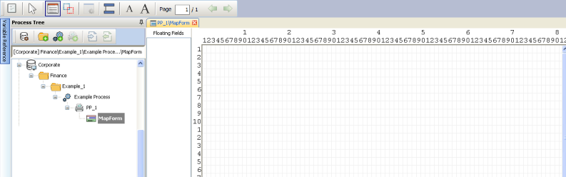 The map form design area. The form is an empty grid and there are two empty listboxes that will show floating fields and offset fields as they are added to the form.